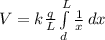 V=k \frac{q}{L} \int\limits^L_d {\frac{1}{x} } \, dx