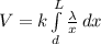 V=k \int\limits^L_d {\frac{\lambda}{x} } \, dx