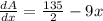 \frac {dA}{dx}=\frac{135}{2}-9x