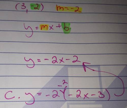 write an equation in slope-intercept form of the line that passes through the point (3,-2) with slop