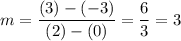 \displaystyle m = \frac{(3)-(-3)}{(2)-(0)} = \frac{6}{3} = 3