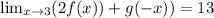 \lim_{x \to3  } (2f(x))+g(-x))=13