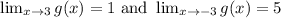 \lim_{x \to 3 } g(x)= 1\text{ and }  \lim_{x \to -3 } g(x)=5