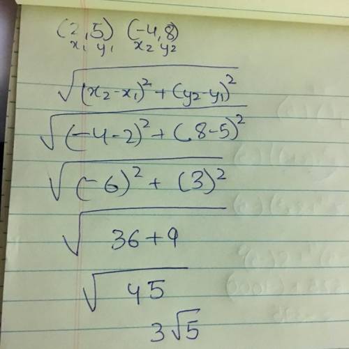 Which expression gives the distance between the points (2,5) and (-4,8)?