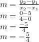 m=\frac{y_2-y_1}{x_2-x_1}\\ m=\frac{0-5}{4-0} \\m=\frac{-5}{4} \\m=-\frac{5}{4}