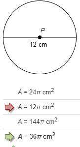 Identify the area of ⊙p in terms of π. give a step-by-step explanation..