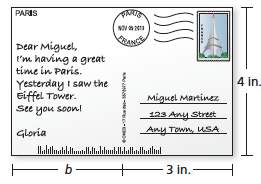 The area of the postcard is 24 square inches. what is the width b of the message (in inches)?&lt;