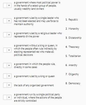 Match the correct government type with its description me with this match them all the corr