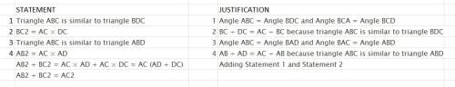 Astudent made the following chart to prove that ab2 + bc2 = ac2. (see attachment) which