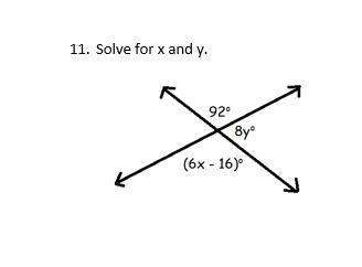 solve for x and y 92 degrees8y degrees(6x-16) degree
