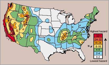 According to the map, which part of the u.s. has the greatest potential for earthquake risks?