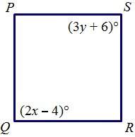 Given that pqrs is a square, find x and y. a. x = 10, y = 10 b. x = 28, y =