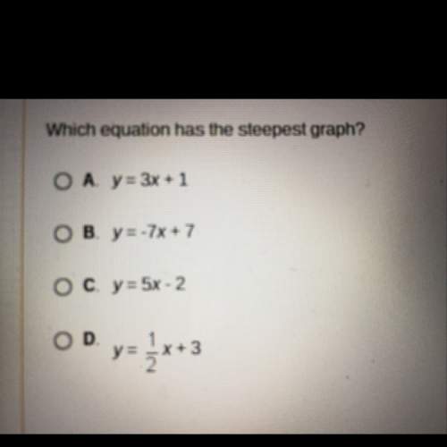 What equation has the steepest graph?  a) y=3x+1 b) y=-7x+7 c) y=5x-2 d) y=1