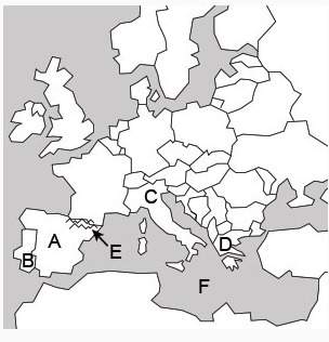 What country on the map is letter c?  a. italy  b. finland c. greece