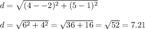 d=\sqrt{( 4--2)^2+( 5-1)^2} \\\\d=\sqrt{6^2+4^2} =\sqrt{36+16} =\sqrt{52} =7.21