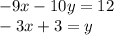 -9x-10y=12\\-3x+3=y