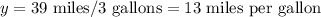 y=39\text{ miles}/3\text{ gallons}=13\text{ miles per gallon}