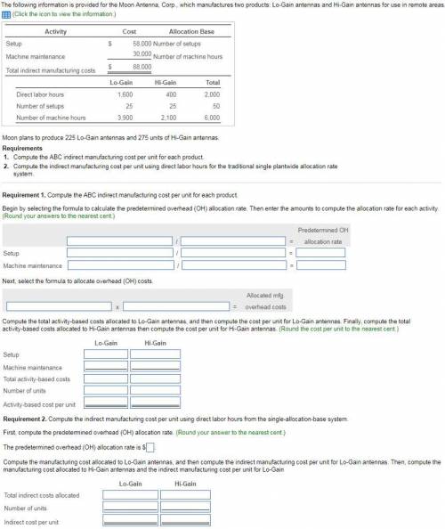 The following information is provided for the Moon Antenna, Corp., which manufactures two products: