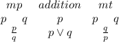 \left\begin{array}{ccc}mp&addition&mt\\p \ \ \ \  q&p&p\ \ \ \ q\\\frac{p}{q} & p \vee q & \frac{ q}{p}\end{array}\right