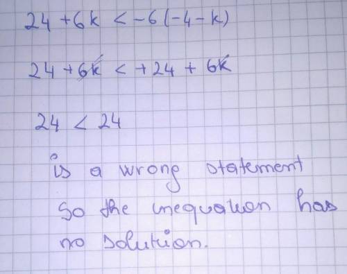 Solve the equation and graph the solution:24 + 6k < -6(-4-k)