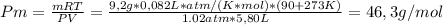 Pm = \frac{mRT}{PV} = \frac{9,2 g*0,082 L*atm/(K*mol)*(90 + 273 K)}{1.02 atm*5,80 L} = 46,3 g/mol