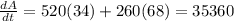 \frac{dA}{dt} = 520(34) + 260(68) = 35360