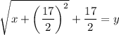 \sqrt{x+\left(\dfrac{17}{2}\right)^2}+\dfrac{17}{2}=y
