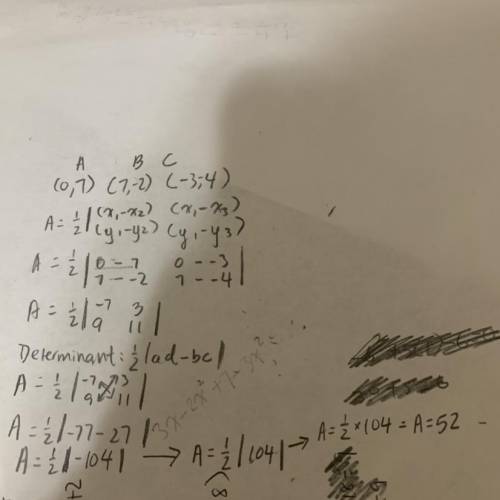 Find the area, in square units, of ABC plotted below.

A(0,7)
B(7,-2)
D(2, -3)
C(-3,-4)