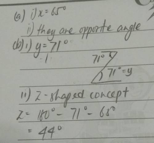 A) (i) Write down the value of angle x.

71° z
X=
(ii) Give a reason for your answer.
b) (i) Write d
