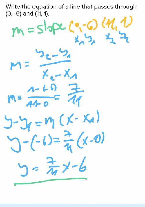 Write the equation of a line that passes through (0, -6) and (11, 1).