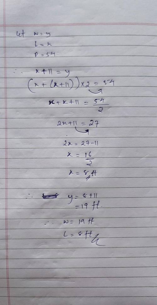 a rectangles width is 11 feet more than its length if the perimeter is 54 feet what is the length an