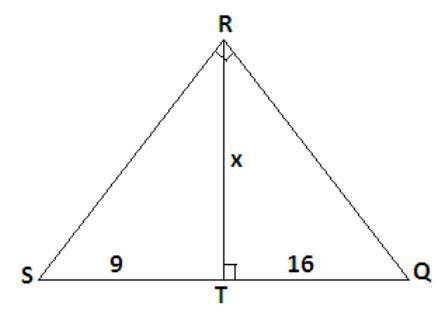 Triangle S R Q is shown. Angle S R Q is a right angle. An altitude is drawn from point R to point T