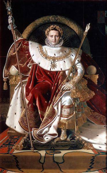 Answer the following question in 3-4 complete sentences.

A painting of Napoleon sitting on a throne