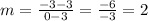 m=\frac{-3-3}{0-3}=\frac{-6}{-3}=2