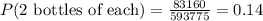 P(\text{2 bottles of each})=\frac{83160}{593775}=0.14