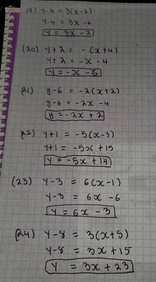 Write each equation in slope-intercept form.

19. y - 4 = 3(x - 2)
20. y + 2 = -(x + 4)
21. y - 6 =