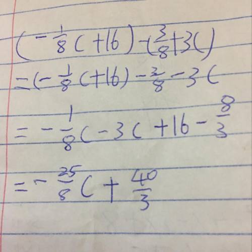 Find the difference of (-1/8c+16)-(3/8+3c)
