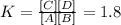 K=\frac{[C][D]}{[A][B]}=1.8