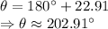 \theta =180^\circ+22.91\\\Rightarrow \theta \approx 202.91^\circ