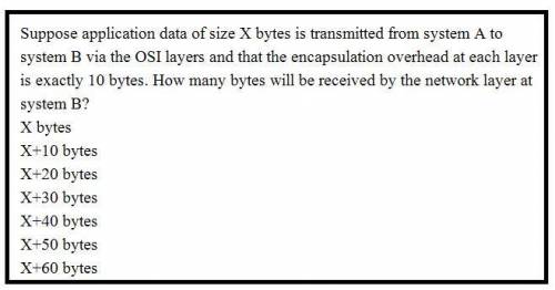 Suppose application data of size X bytes is transmitted from system A to system B via the OSI layers