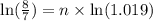 \ln(\frac{8}{7})=n\times \ln(1.019)