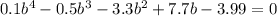 0.1b^4-0.5b^3-3.3b^2+7.7b-3.99=0