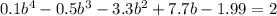 0.1b^4-0.5b^3-3.3b^2+7.7b-1.99=2