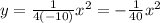 y=\frac{1}{4(-10)} x^{2} =-\frac{1}{40}x^{2}