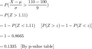 =P(\dfrac{X-\mu}{\sigma}\dfrac{110-100}{9})\\\\=P(Z1.11)\\\\=1-P(Zz)=1-P(Z