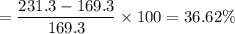 =\dfrac{231.3-169.3}{169.3}\times100=36.62\%