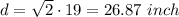 d= \sqrt{2}\cdot 19=26.87\ inch