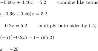 -0.66x+0.46x=5.2\qquad|\text{combine like terms}\\\\(-0.66+0.46)x=5.2\\\\-0.2x=5.2\qquad|\text{multiply both sides by (-5)}\\\\(-5)(-0.2x)=(-5)(5.2)\\\\x=-26