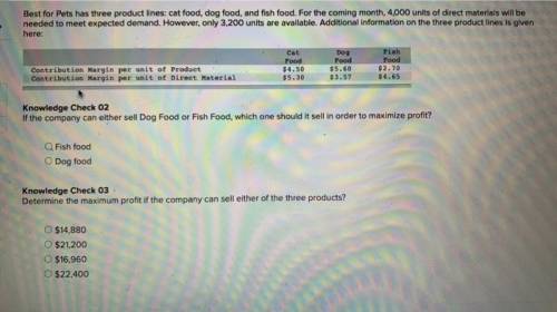 Best for Pets has three product lines: cat food, dog food, and fish food. For the coming month, 4,00