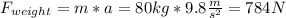 F_{weight} =m*a = 80 kg * 9.8 \frac{m}{s^{2}} = 784 N